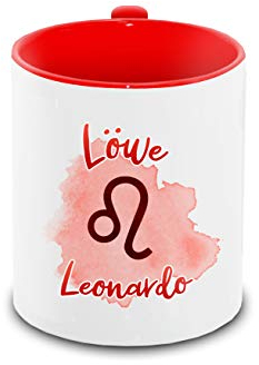 Tasse mit Namen Leonardo und Sternzeichen-Motiv Löwe im Lettering-Stil | Keramik-Tasse rot | Astrologie-Geschenk