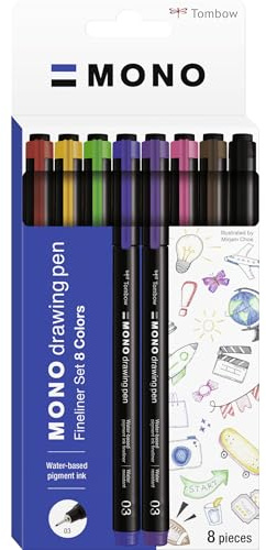 Tombow MONO drawing pen Fineliner 8er-Set, Zeichenstift, wasserresistente Pigmenttinte, 0,3 mm Spitze, für Skizzen und technische Zeichnungen [WS-EFL-8C]
