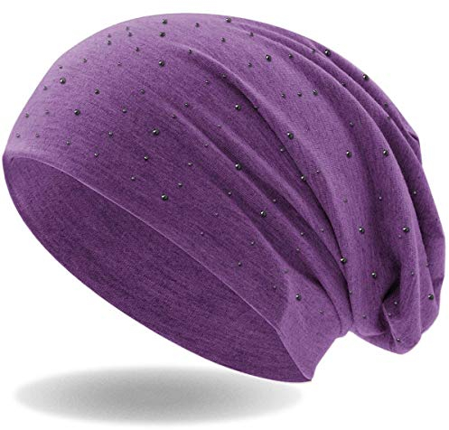 Hatstar Damen Beanie Mütze | mit edler Strass Nieten Applikation | Mädchen Mütze | elastisches Slouch Long Beanie | leicht und weich (lila meliert)