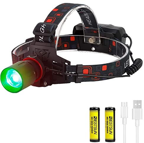 BESTSUN Linterna Frontal con luz verde, 1000 lumen linterna frontal recargable verde led Zoomable para caza, visión nocturna, camping (Solo verde)