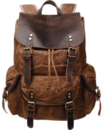 HuaChen Rugged Leather and Waxed Canvas Backpack, Men’s Vintage Travel Rucksack Daypack, Brown, L, Vintage; Retro; Military-style