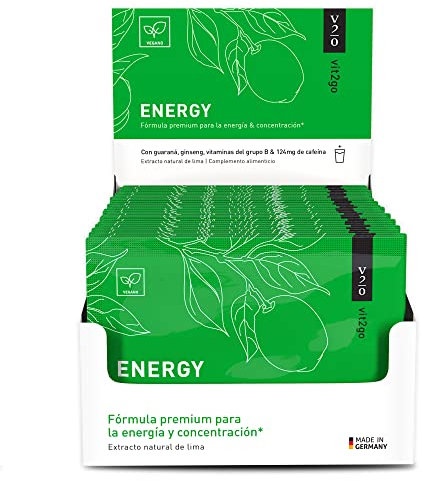 Vit2go ENERGY (30 sobres) - Bebida energética con cafeína (124 mg), guaraná y taurina, Complejo vitamínico, minerales (8 vitaminas B y aminoácidos, magnesio, calcio, zinc), vegano