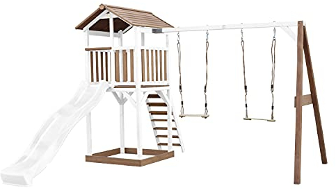 AXI Beach Tower Wooden Play Tower in Brown and White | Play tower with sandpit, Double Swing Set and white slide | Play house on stilts for the garden