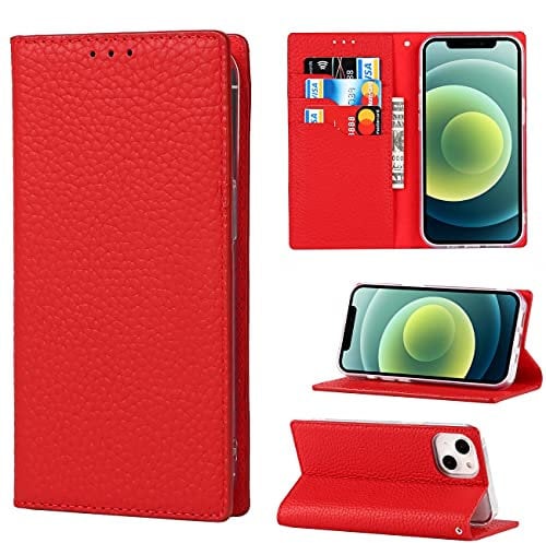 Copmob Case Compatible for iPhone 13,Premium Genuine Leather Flip Wallet Case,[3 Card Slots][Magnetic Closure][RFID-Blocking],Protective Case Cover for iPhone 13 - Red