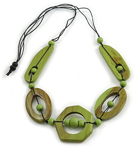 Avalaya Collana lunga geometrica verde lime con perline di legno dipinte e cordoncino nero, 90 cm max/regolabile