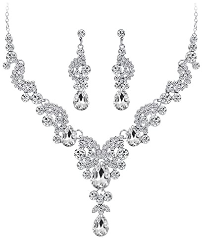 Wedity mariée mariage cristal collier boucles d'oreilles ensemble floral colliers ras du cou bijoux en forme de larme pour femmes et filles (argent)
