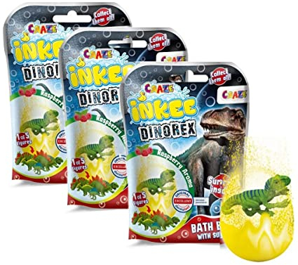 INKEE SURPRISE DINO | 3er Bundle Kinder Badebomben mit Dinosaurier Figuren, 3x Ei-Form Badebomben mit Pfirsich-Eistee Aroma, Badekugeln mit Badewannenspielzeug