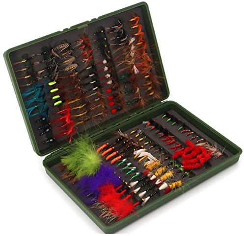 Fliegenfischen-Fliegen-Sortimentsset, trockene Nyphmen, Tenkara, Popper, Luftschlangen, Wollbugger für Forelle, Barsch, Lachs, Stahlkopffisch, mit Fliegenbox, Angelfliegenset, 168 Stück