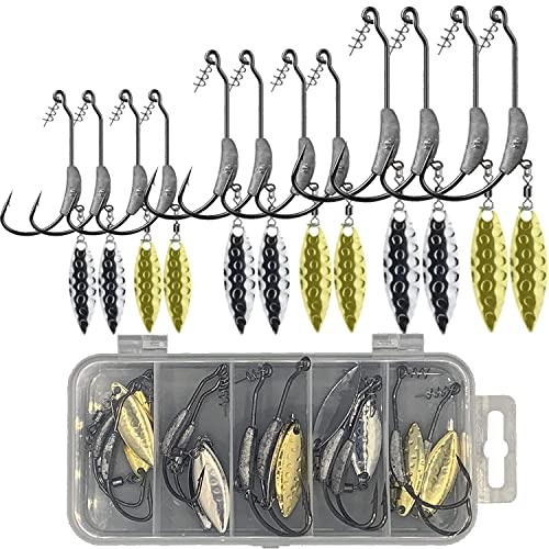 Njord Kalastus Offset Haken mit Gewicht und Spinnerblatt Set 12 TLG. mit Twist Lock | 2g 3g 5g Angelhaken mit Spinnerblatt in Tacklebox | Jig Haken Set als Alternative zu Jigköpfe Set