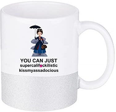 Mary Poppins Secret Santa Supercalifragilistic Rude Sweary Coffee Tea Mug Unique 11oz Stoneware Glitter Mug. (Silver)