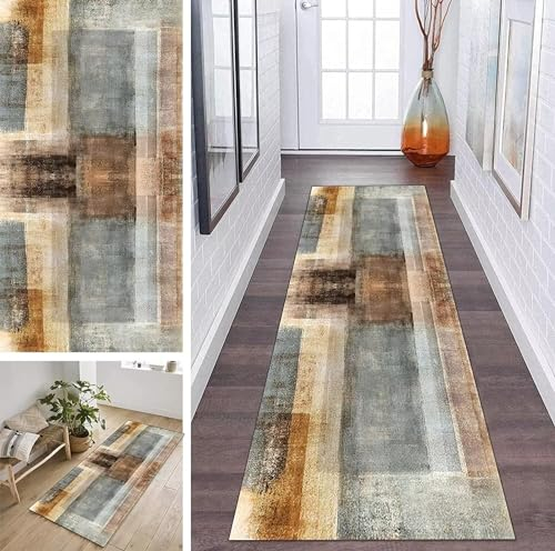ZDYHMrj Teppich Läufer Flur Grün Braun rutschfest 100x350cm Korridor Teppichläufer Waschbar Modern Schlafzimmer Wohnzimmer Läufer Teppich Breite 40-120cm