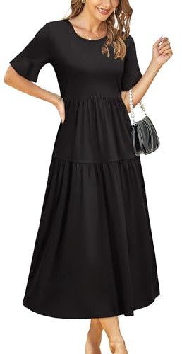STYLEWORD Women Summer Dress Black Short Sleeve Ladies Casual Swing Midi Dress with Pockets(Black,XX-Large)