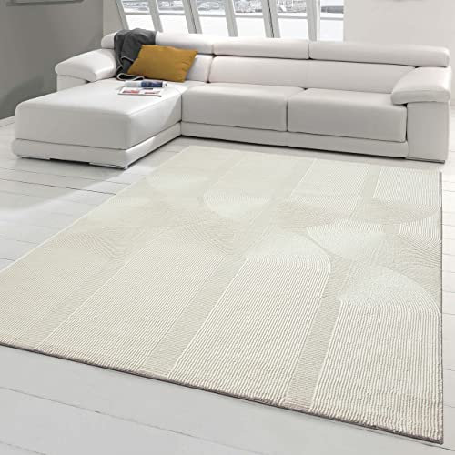 Recycle Teppich mit modernen ovalen Formen liniert • umweltfreundlich • in Creme, 160 x 230 cm