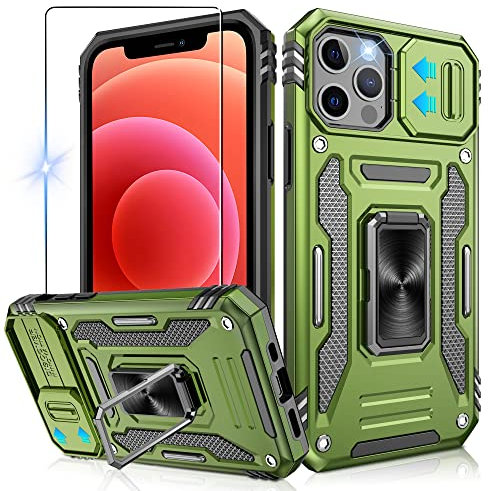 Jshru for iPhone 12/12 Pro Case with Slide Camera Cover,Ring Kickstand,Military Grade Shockproof,Anti-Scratch Armour Phone Cover for iPhone 12/12 Pro,Green