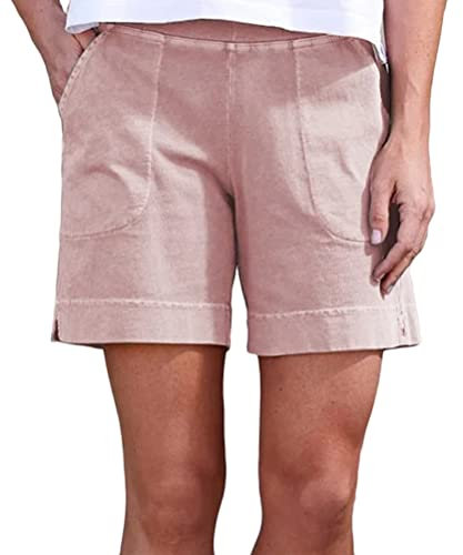 ORANDESIGNE Bermuda da Donna Moda Vita Elastica Pantaloncini in Cotone e Lino Pantaloni Corti Tinta Unita Casual Oversize da Casa Shorts Dritti Pantaloncini a Gamba Larga G Rosa L