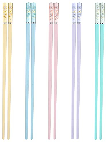 Bestomrogh 5 pares de palillos chinos, diseño de flor de cerezo, palillos antideslizantes, 5 colores, palillos reutilizables para sushi chopsticks para el hogar y el restaurante, 24 cm