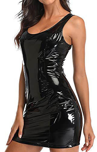 HDE Damen-Minikleid aus Latex, figurbetont, sexy, Club-Kleid für Damen, Schwarz, X-Klein