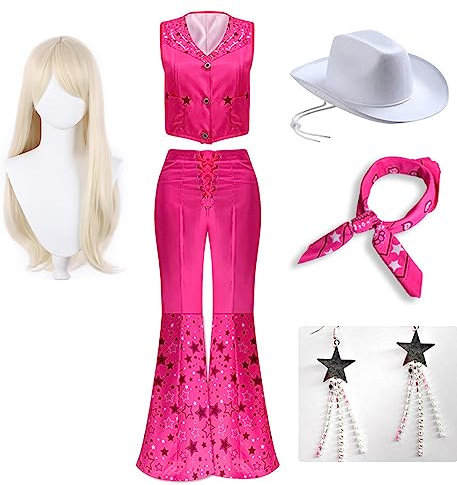 Yanny Bar-bie Ken Cosplay Cowboy Jacket Uniform Margot Robbie Costume Pink Jumpsuit Flare Pant Halloween Outfit (Rosa 1 + Perücke, Large)