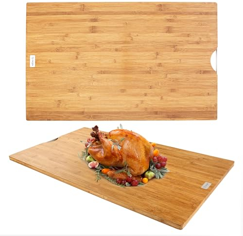 Tabla de cortar de bambú extra grande de 91 x 55 cm, la tabla de cortar más grande para pavo, carne, verduras, barbacoa, tabla de embutidos de queso con agujero para colgar