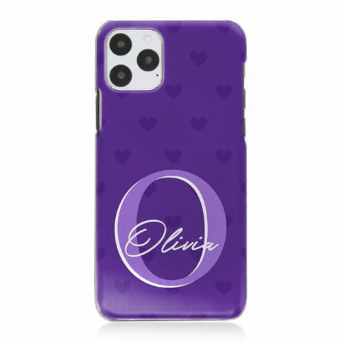 Hairyworm Personalised Phone Case for Apple iPhone 11, iPhone 12, iPhone 13 and iPhone 14 with Heart Pattern and Personalised Initial and Custom Name Cover in Purple