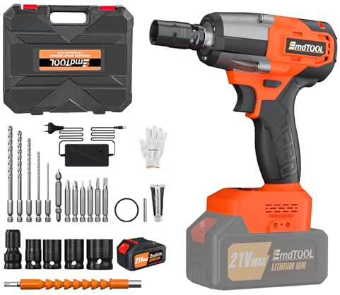 DayPlus 21V Akku Schlagschrauber 1/2 Zoll mit 1 x 6.0Ah Akku, 2 Gang Vollmetallgetriebe Drehschlagschrauber zum Reifenwechsel, 450 Nm, LED Leicht, 4 x Steckschlüsselset, Orange