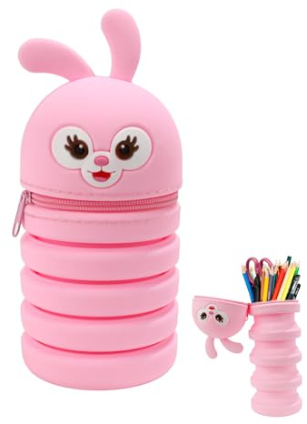 Demarsen Federmäppchen Teleskopisch, Rosa Hase Mäppchen Kinder, Wasserdicht Stiftbeutel Mädchen aus Silikon, 2-in-1-Design Federmäppchen und Stifthalter für Mädchen Jungen Aufbewahrung Schreibwaren