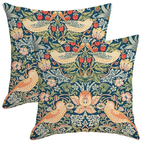 HOSTECCO Kissenbezüge mit Vintage-Blumenmuster, 45 x 45 cm, 2 Stück, Motiv: Botanische Blumen, Vögel, quadratisch, dekorativ, gemustert, Kissenbezüge für Sofa, Couch