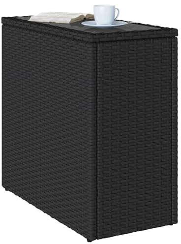 Gecheer Garten-Beistelltisch mit Glasplatte Schwarz 58x27,5x55cm Rattan, PE-Rattan pulverbeschichteter Stahlrahmen, Hartglasplatte, für Garten Hinterhof und Terrasse