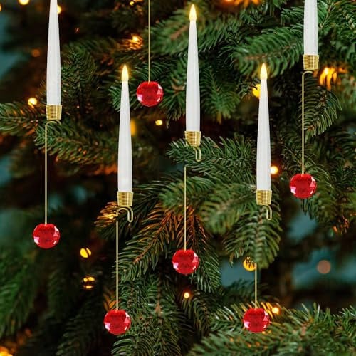 AFINETH Christmas Tree Candles With Remote - Battery Operated LED Lights With Red Crystal Ball Hooks for Xmas Decoration - Flickering Candle Sticks for Home, Party - 12 Pack