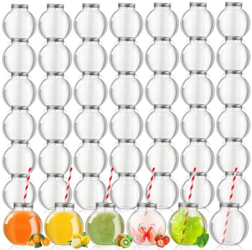 Yaomiao 48 Packs 16 oz Plastic Fish Bowl for Drinks with Aluminum Lids and Paper Straws Plastic Ivy Bowls Clear Spherical Bulb Cups for Carnival Games, Candy, Christmas Carnival Party Decorations