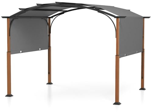 HOMASIS Pergolato Curvo 3,6 x 3m, Gazebo da Giardino con Copertura a Scomparsa, Gazebo Esterno Resistente con Tetto Regolabile in Poliestere, Tettoia per Esterno, Cortile (Grigio)