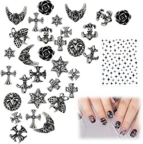 50PCS Cross Nail Art Charms 3D Punk Metal Nail Decorations for Women & Girls, 50PCS Antique Silver DIY Manicure Accessories, Gothic Rose, Studs, Rivets, Hearts, Stars, Ornaments for Nail Design