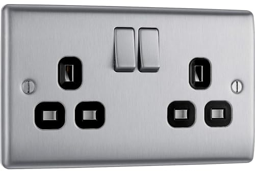 AMK® BG Nexus Metal Brushed Steel Double Plug Socket Black Inserts 2 Gang 13 Amp Satin Chrome Twin 13A