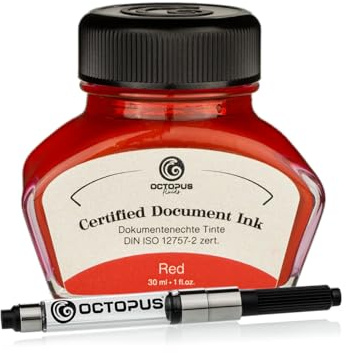 Dokumentenechte Tinte Red, mit Konverter, zert. nach DIN ISO 12757-2, 30ml | DIN ISO 12757-2 zertifiziert, Füllhaltertinte mit Tinten-Konverter für Signaturen, Korrekturen und Dokumente