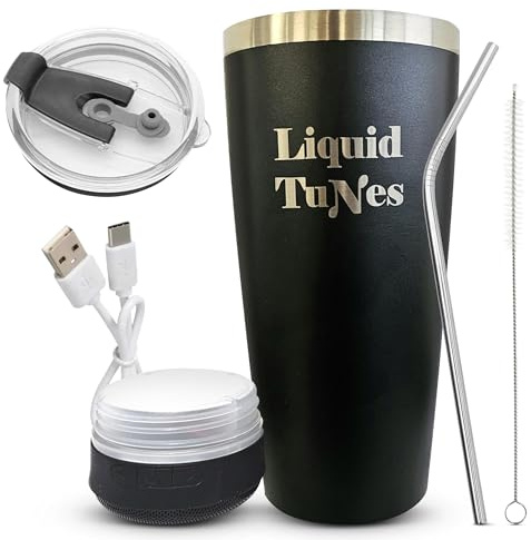 Liquid TuNes Bluetooth Speaker Tumbler with Lid (Black) Stainless Steel Thermal Mug with Detachable Wireless Speaker | 304 Stainless Steel Water Tumbler 20 oz