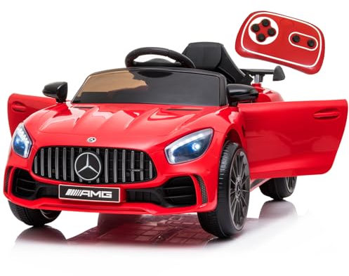 12V Kinder Elektroauto Mercedes Benz AMG,Elektrische Kinderfahrzeuge,Elektrofahrzeug 2-türig mit 2,4G-Fernbedienung,MP3,Musik,LED-Leuchten und 5 Punkt Sicherheitsgurt für Kinder ab 3 Jahre-Rot