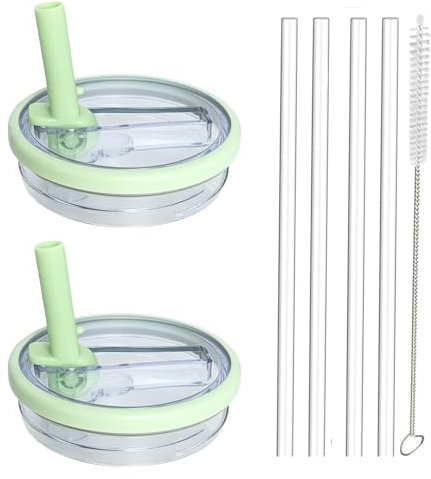 2 Pack 40 oz Tumbler Flip Straw Lid Replacement fit for Stanley Quencher 1.2L, Spill Proof Splash Resistant Tumbler Lids, Tumbler Cover Sets with 4 Straws and 1 Cleaning Brush (Light Green, 40oz)