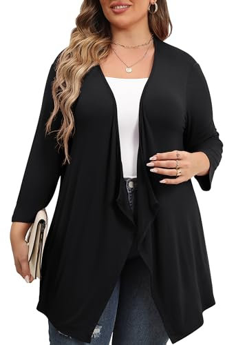 TIANZHU Plus Size Duster Cardigan for Women Lightweight Open Front 3/4 Sleeve Elegant Cover Up 2XL Black
