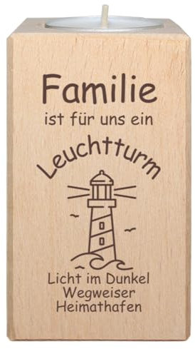 Familie ist unser Leuchtturm - Teelichthalter aus Holz mit Spruch, Kerzen Halter Deko für Wohnzimmer, Esszimmer, Flur, Bad, Geschenkidee Eltern, Kinder, Freunde - Geschenkissimo