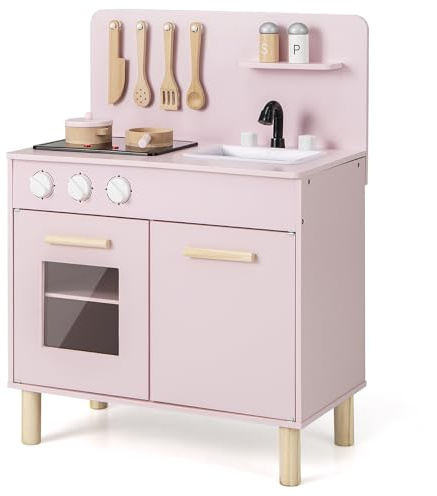 DREAMADE Kinderküche Holz mit 10 TLG. Zubehör, Kinder Küche mit Waschbecken Herd Backoffen, Mini Holzküche, Spielküche mit Licht und Geräuschen für Kleinkinder ab 3 Jahren (Rosa)