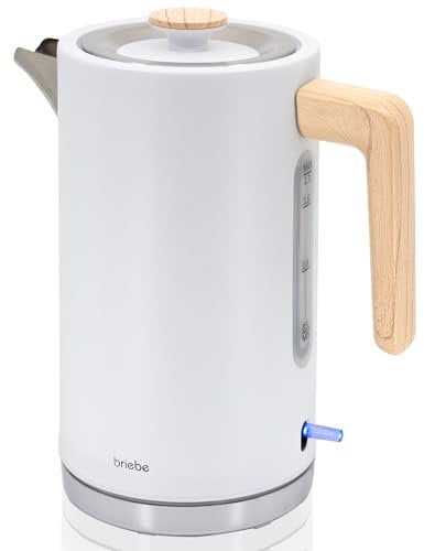 briebe Nordic Wasserkocher 1,7L Elektrischer Teekocher 2200W Schnell Aufheizender, BPA-frei, 360° Sockel, Strix Controller, Automatische Abschaltung, Kabellos, Nordisches Design, Holzoptik, Weiß