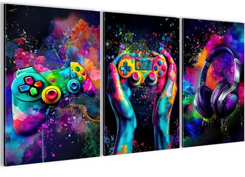 Runa Art Bilder Spielkonsole Gamer 3 Teilig Bild auf Vlies Leinwand Deko Jugendzimmer Teenager Graffiti Streetart Bunt 055536a