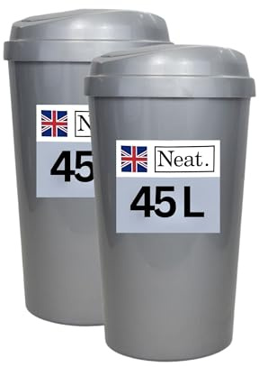 Neat. 45L Large Recycling Bin for Kitchen with Touch Top Lid, Colour-Coded Lid for Easy Waste Sorting, Durable Plastic Waste Bin for Kitchen, Office, Home & Commercial Use, Silver, Pack 2