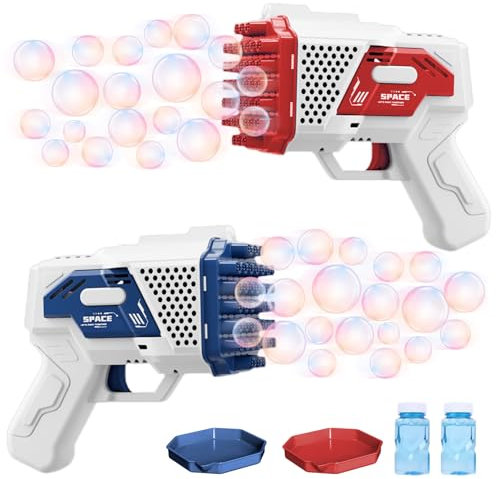 Seifenblasenpistole Kinder, 2 Stück 40 Loch Bubble Machine Gun mit 2 Flaschen SeifenblasenflüSsigkeit, Seifenblasen Pistole für Kinder, Bubble Gun-Spielzeug für Kinder, Luftblasen Maschine