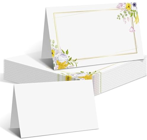 Azlanway Tischkarten Blumen Design, 50 Klappbare Platzkarten Namenskarten zur Beschriftung für Hochzeit, Geburtstag, Taufe, Kommunion, Feier, Silvester, Jubiläum, Tischdeko, Namensschild Gäste