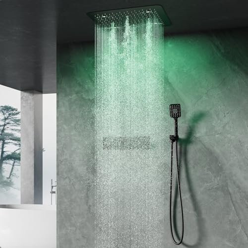 SWHC Système de douche LED,Multifonctionnel Thermostatique Set De Douche,système de douche encastré,50×50 cm douche de pluie,douche de tête avec lampe LED,Avec douchette multifonction