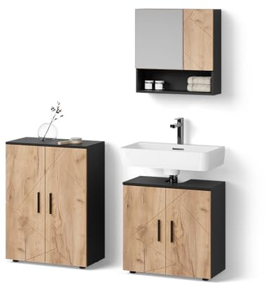Livinity Badmöbel-Set Ronco, Goldkraft Eiche/Anthrazit 60 cm | 3-teilig · Waschtischunterschrank · Spiegelschrank · Midischrank