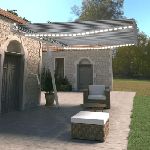 Qnhdfrt Tenda da sole autoportante automatica con LED e sensore di vento, 500 x 350 cm, blu e bianco, per terrazze, balcone, giardino, in alluminio robusto e resistente ai raggi UV
