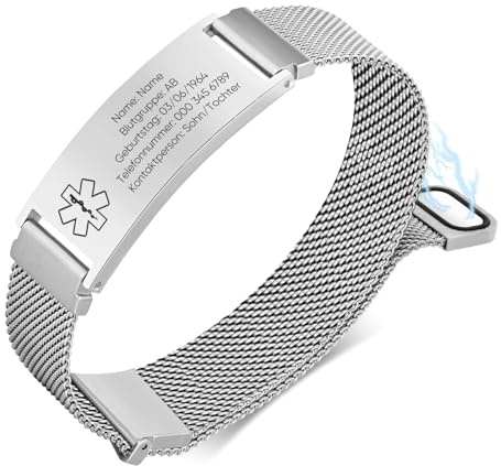 TempBeau Notfallarmband Erwachsene Armband Personalisiert, Medizinisches Armband mit Gravur für Männer Frauen, Verstellbar Uhrenarmband aus Edelstahl für Allergien Diabetes Epilepsie - 16 MM (Silber)