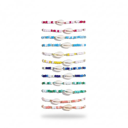 Lot de 12 Bracelets Coquillage Bohème pour Femme - Fait Main en Perles de Verre et Coquillages Naturels, Ajustable, Accessoire Plage Été, Idéal Cadeau, B – Lot de 12